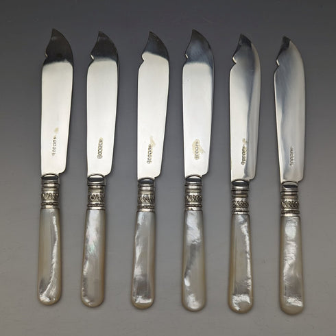 Around 1890 British Antique White Pearl Shell Handle Cutlery 6 Pair Set in Wooden Box Joseph Elliot